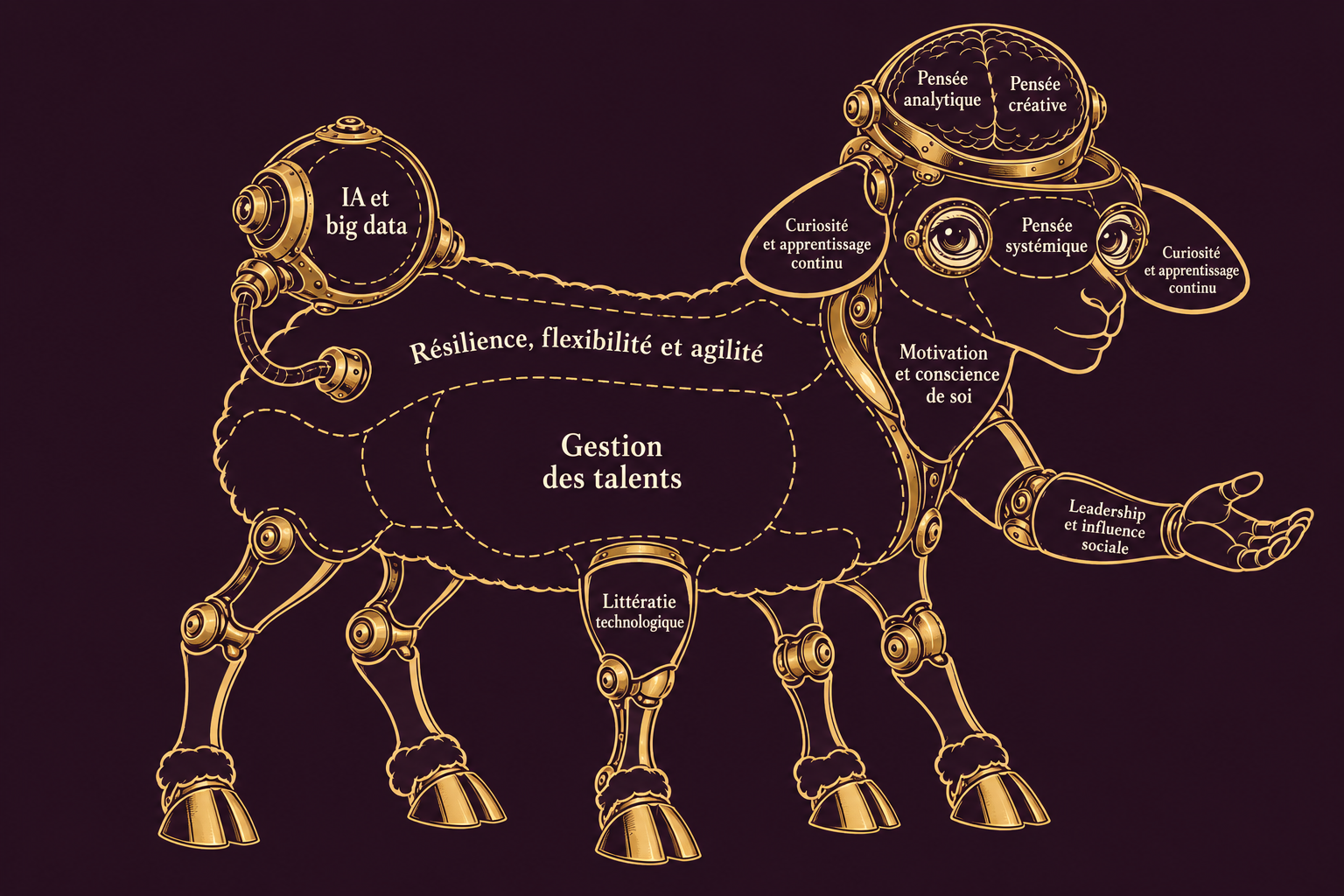 Carte des compétences du mouton : corps, gestion des talents. Tête, motivation et conscience de soi. Cerveau, pensée analytique et pensée créative. Yeux, pensée systémique. Oreilles, curiosité et apprentissage continu. Main, leadership et influence sociale. Orbe, IA et big data. Laine, résilience, flexibilité et agilité. Cinquième patte, littératie technologique.